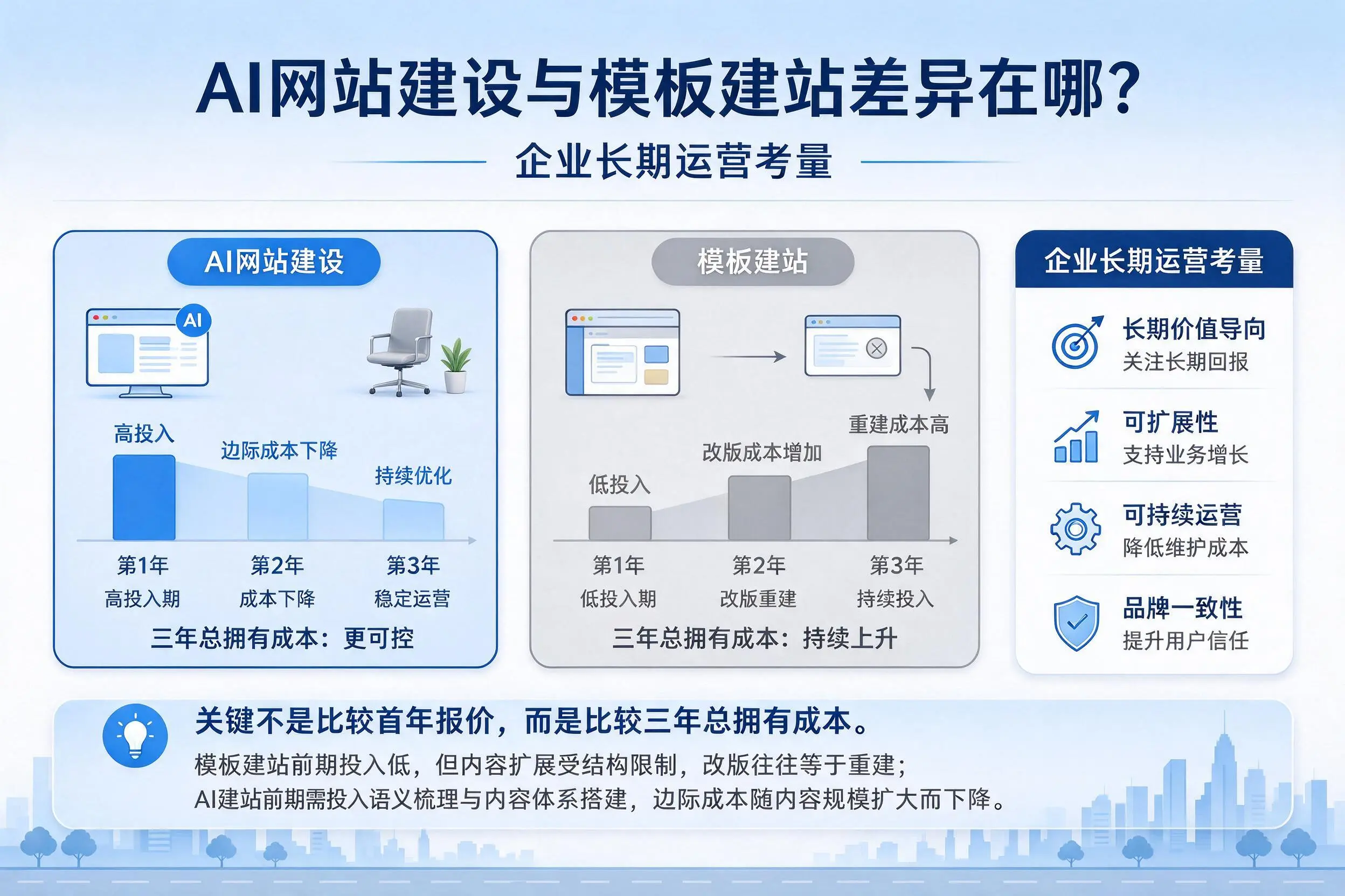 AI网站建设与模板建站差异在哪?金华企业长期运营考量